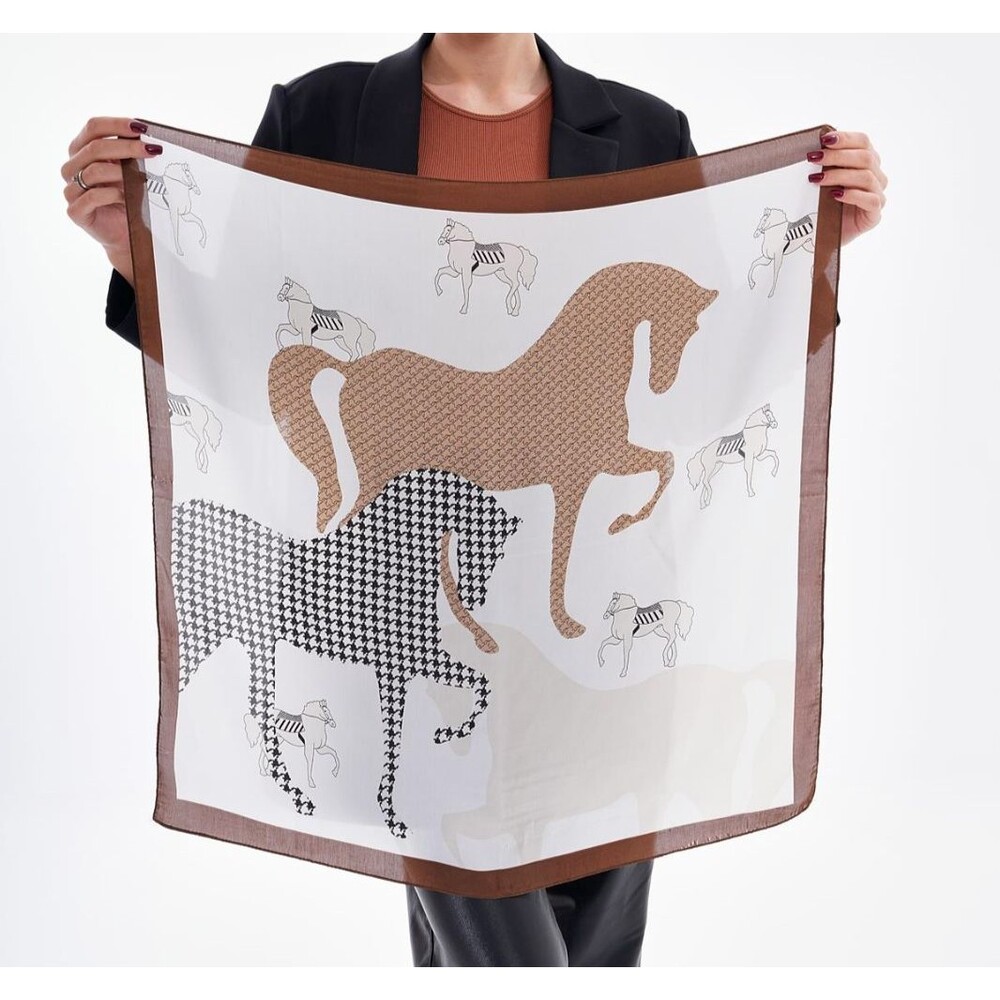 Horse Patterned Wild Rag Bandana Scarf 27" X 27" Beige